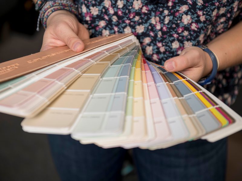 A student holding out a wide range of color cards.