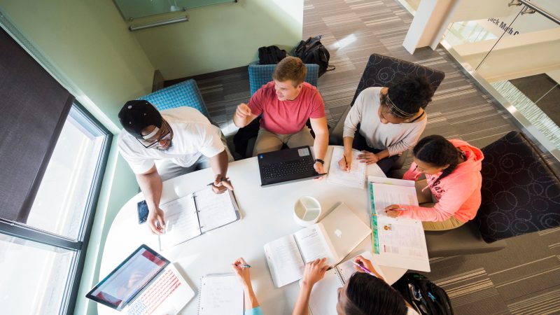 Students collaborating in a study lounge.