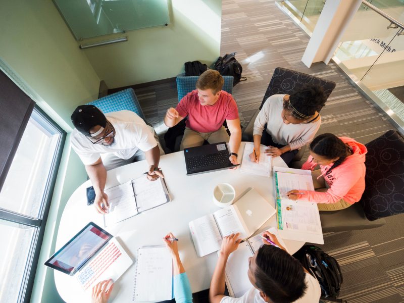 Students collaborating in a study lounge.