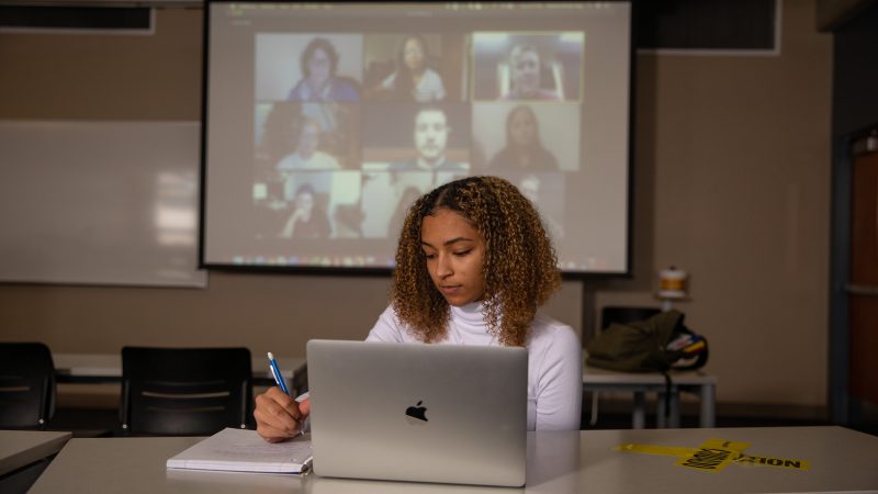 Student studying on a laptop.