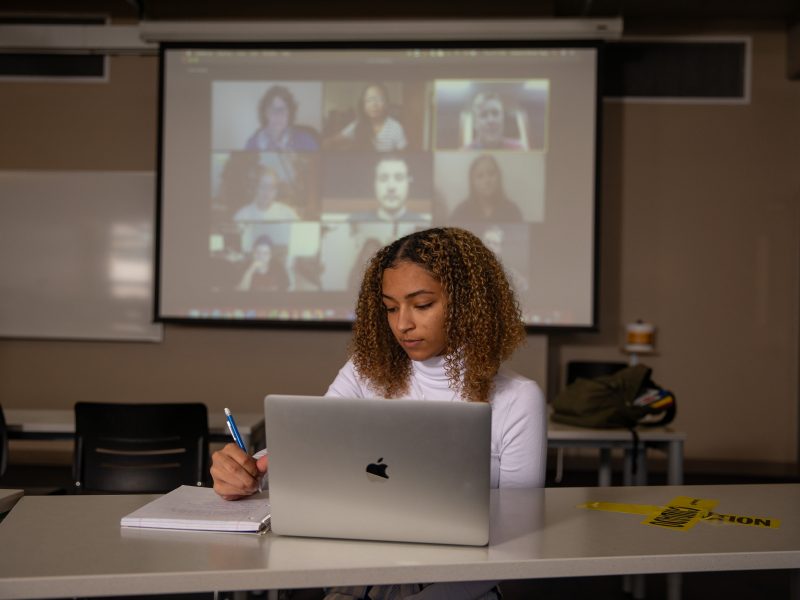 Student studying on a laptop.