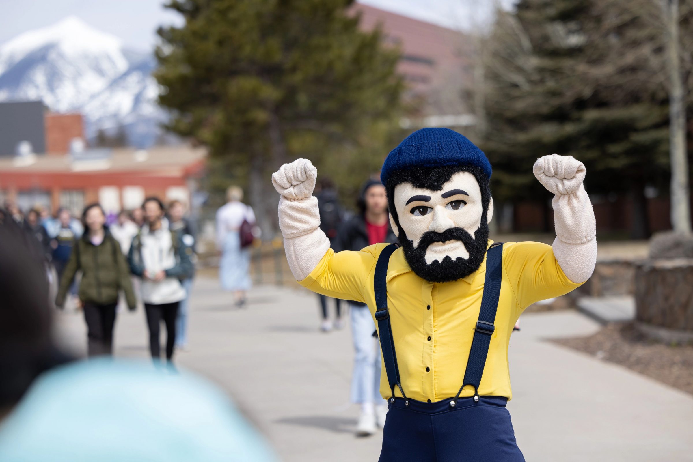 N A U mascot Louie the lumberjack outside the student union.