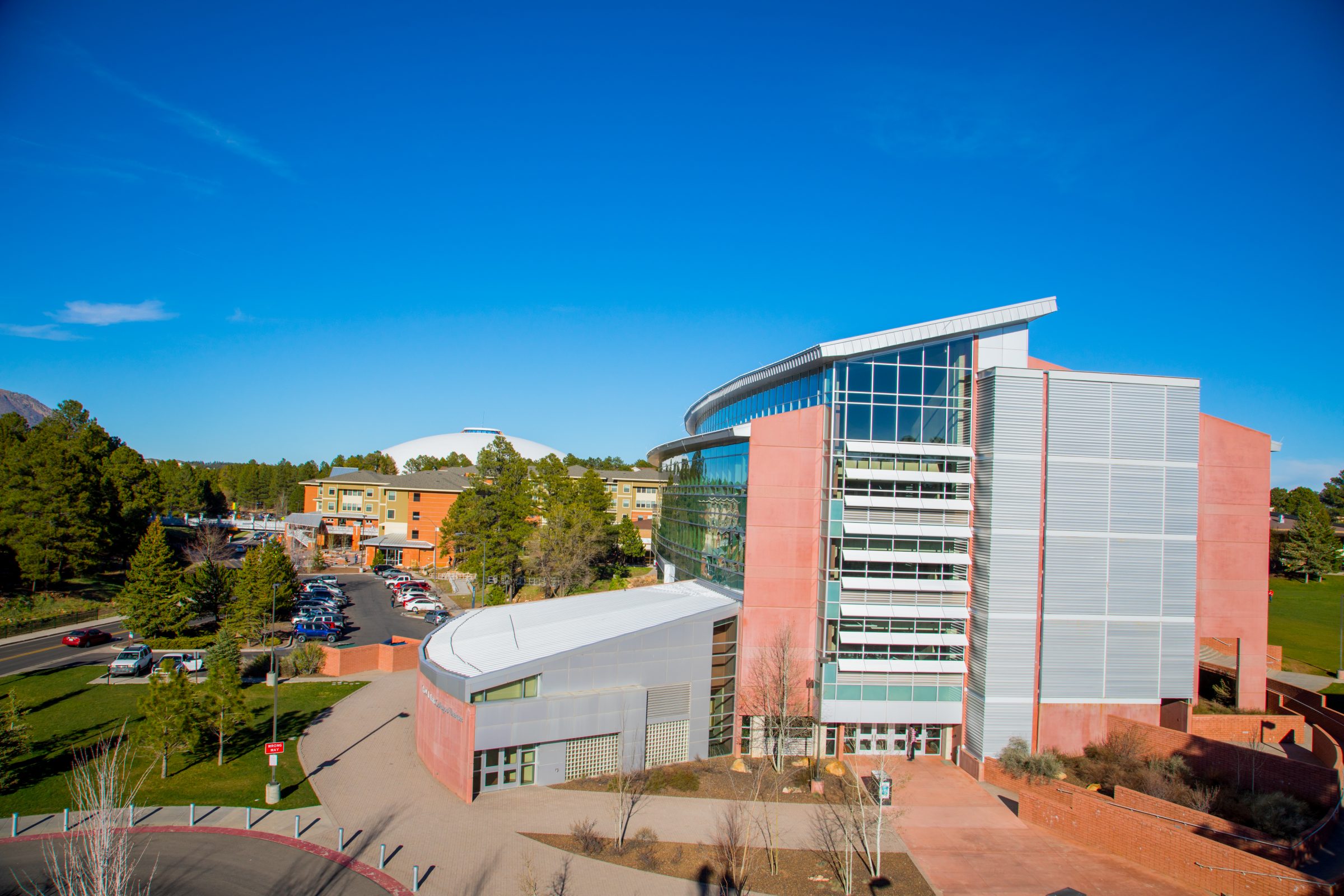 The W A Franke College of Business drone view of building