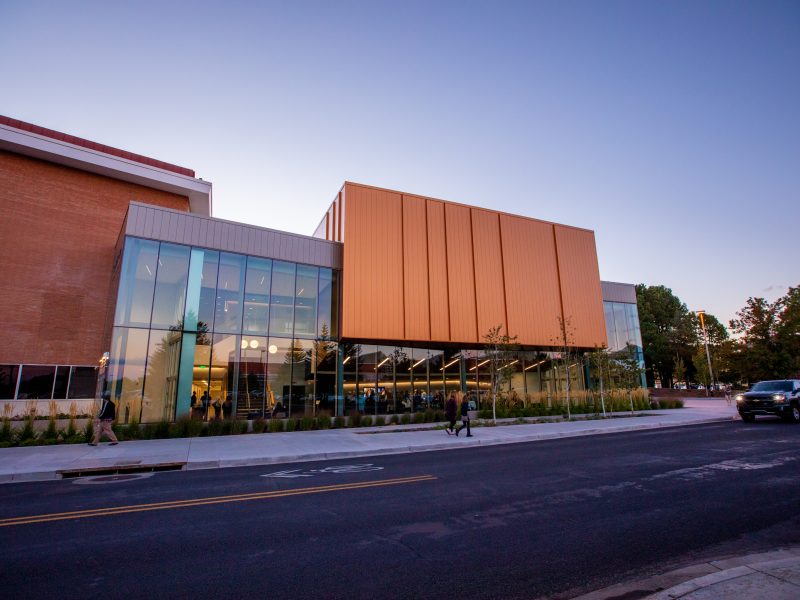 The Kitt Recital hall at twilight.