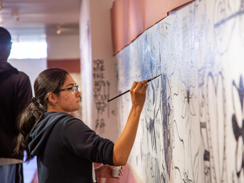 An artist working on a wall mural.