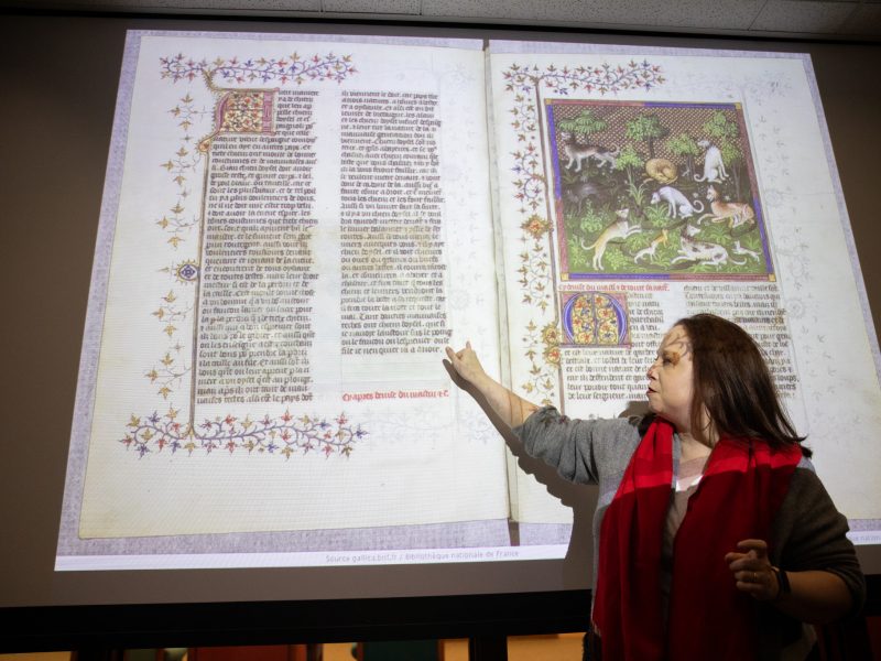 Beck Pratt-Sturges pointing to illuminated fairytale book.
