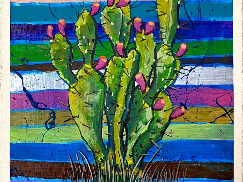 A painting of a cactus on a striped background.