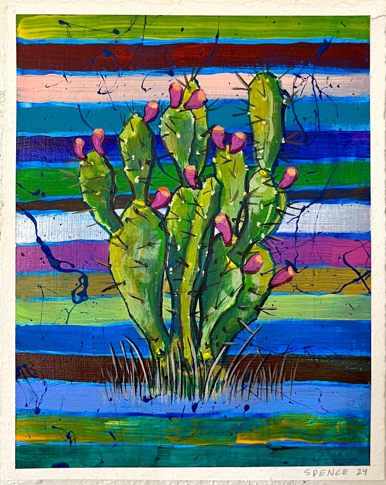 A painting of a cactus on a striped background.
