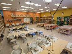 An empty ceramics classroom.