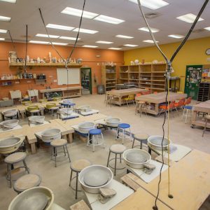 An empty ceramics classroom.