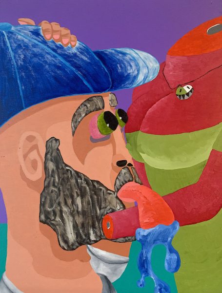 An acrylic and oil painting showing a man lusting over a woman's body titled "Falling in Lust."