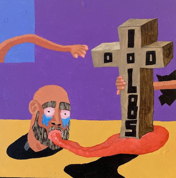 An acrylic painting depicting a heavy cross standing on a man's tongue titled "The Heavy Burden."