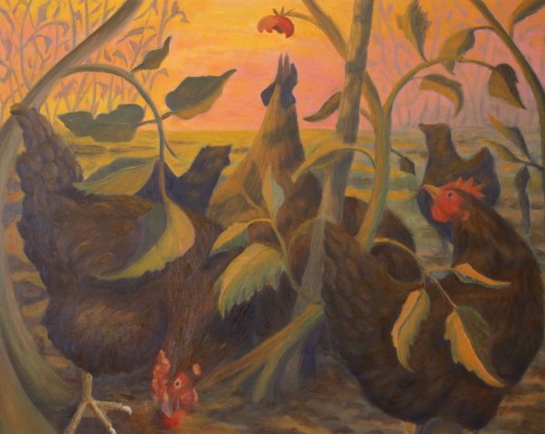 An oil painting of roosters gathered around a flower.
