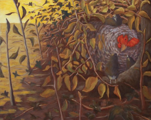 A oil painting of a rooster resting in a bush with her chickneeds.
