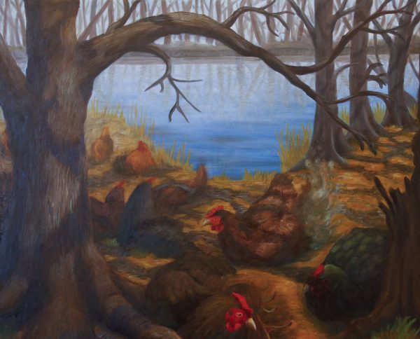 An oil painting of roosters laying near a lake.