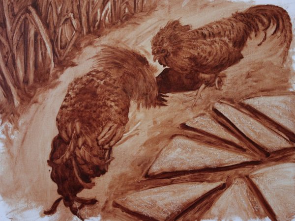 An oil painting of two roosters walking down a dirt trail.