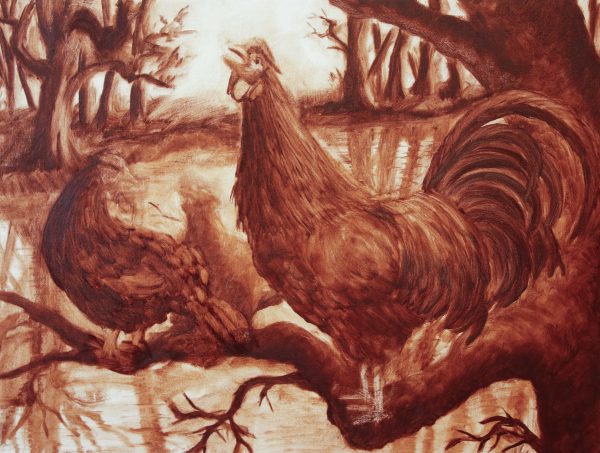 An oil painting of roosters on tree branches.