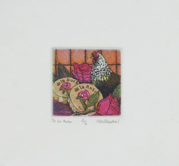An intaglio showing a chicken next to some flowers titled "De la Rosa."