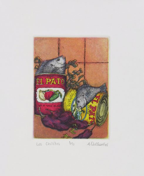 An intaglio showing plants growing out of some old food cans titled "Los Chilitos."
