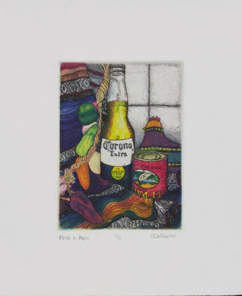 An intaglio of a Corona Extra next to some other food titled "Pollo o Pato."