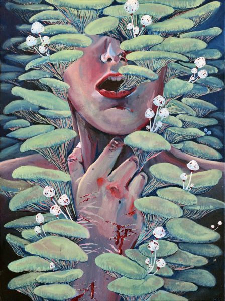 An oil painting depicting mushrooms growing from a woman's skin titled "Depression."