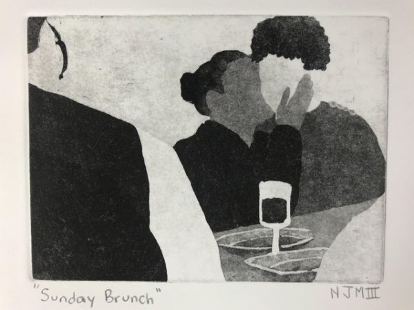 An aquatint of a woman kissing a man titled "Sunday Brunch."