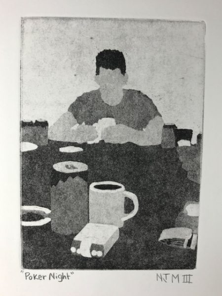 An aquatint of a man at a poker table titled "Poker Night."
