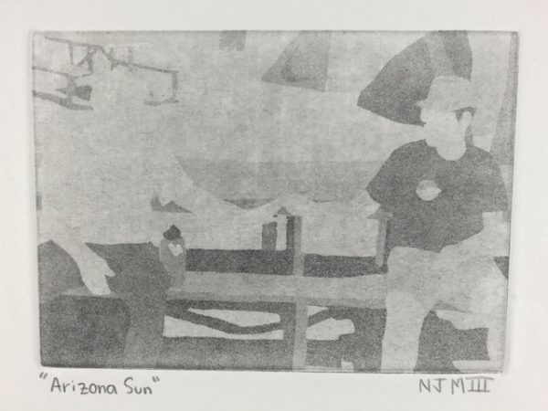 An aquatint of two men high fiving called "Arizona Sun."
