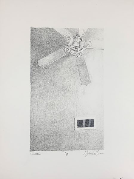 A lithograph of a ceiling fan and a vent.