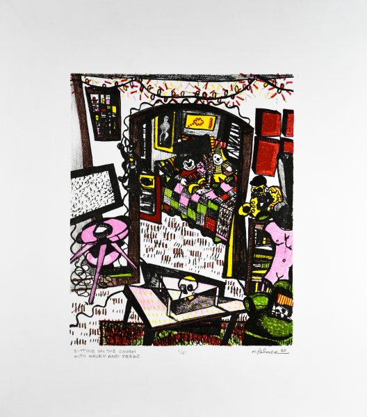 A colored lithograph of smiling toys sitting on a bed.