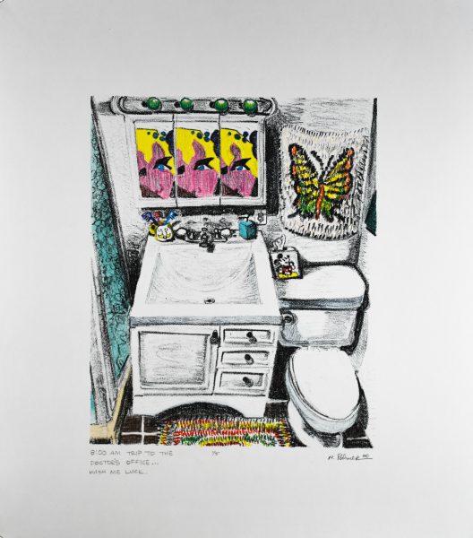 A watercolor lithograph of a bathroom sink and toilet.