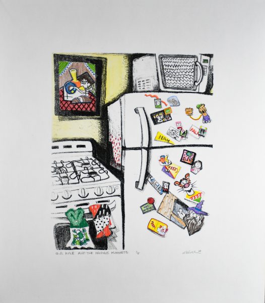A watercolor lithograph of a refrigerator and oven covered in magnets.