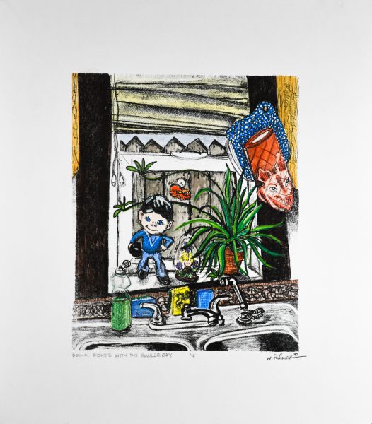 A watercolor lithograph of a bowler boy doing the dishes.