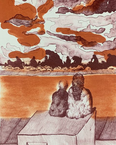 A color lithograph of two people sitting at the edge of a dock together titled "Parade of Giants."