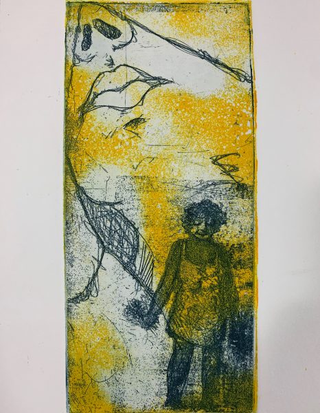 A color intaglio of a woman titled "Premonitions."