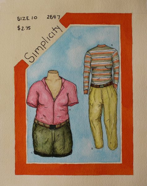 An acrylic drawing depicting clothing titled "Simplicity."