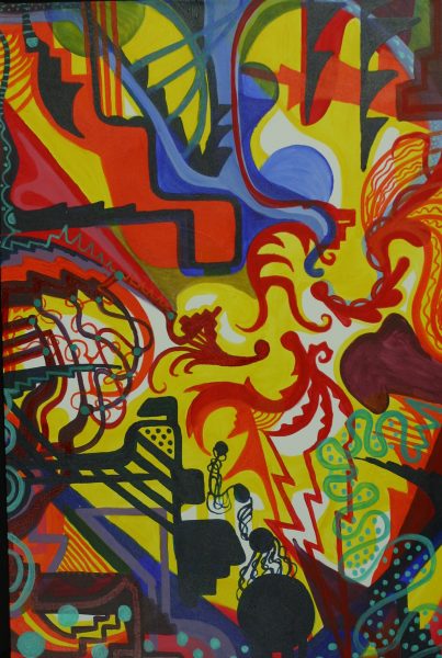 An acrylic painting with multiple shapes and colors titled "Four Healers."