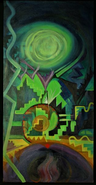 An oil painting filled with green shapes called "Healing Sweat."