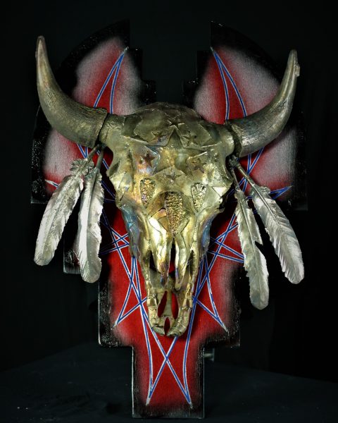 A bronze buffalo skull called "Sacred Buffalo."