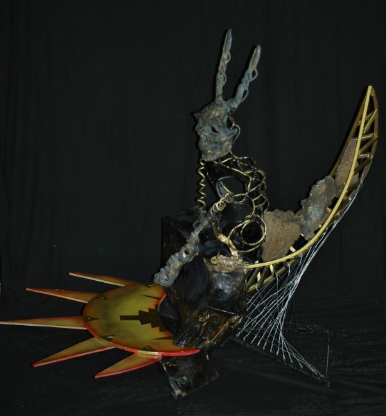 Metal sculpture of a rabbit called "Rabbit Kills the Sun."