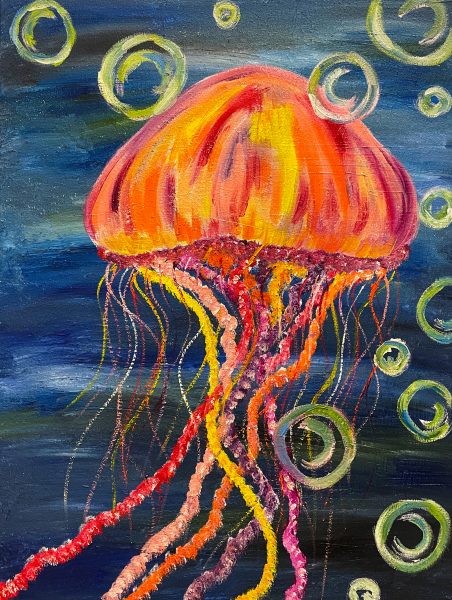 Painting of a jellyfish in the ocean depths.