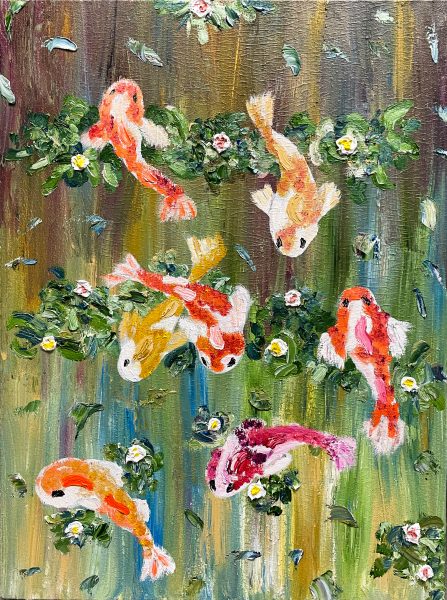 Painting of multi-colored fish swimming in a pond.