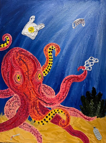 Painting of an octopus and ocean pollution.