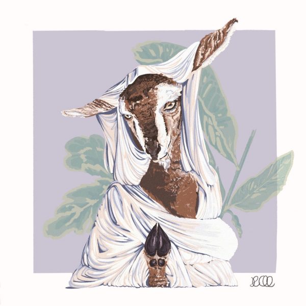 Painting of a deer in white clothing.