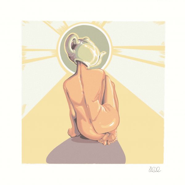 Painting of a nude woman with a teapot head.
