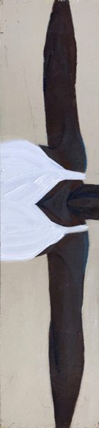 Painting of a person holding out arms to the side in a white top.