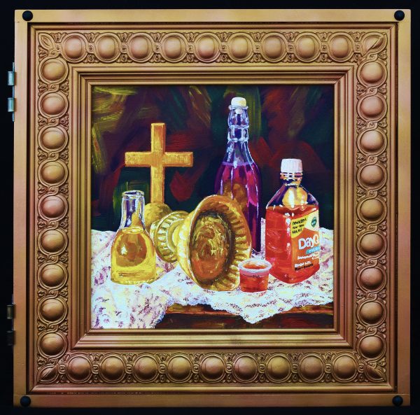 A painting of an assortment of items on a table including Dayquil and a cross.