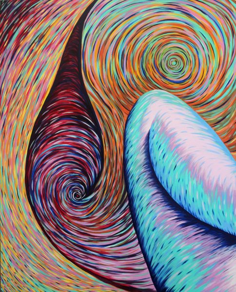 A multi-colored swirly ink painting.