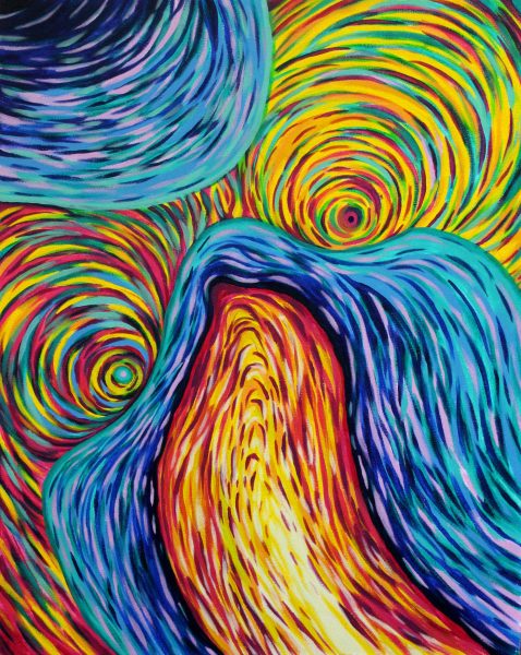 A red, blue, and yellow swirly ink painting.