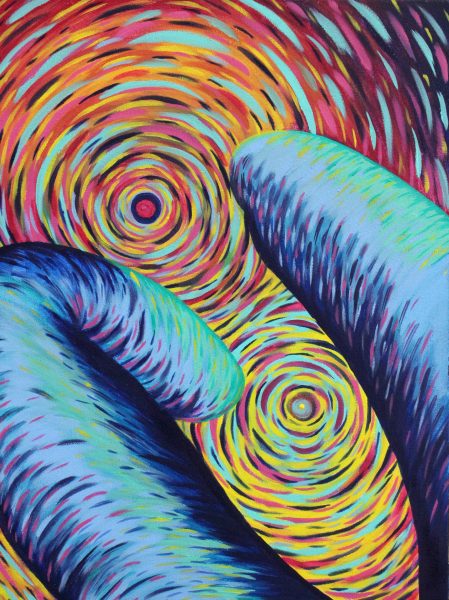 A multi-colored curly ink painting.